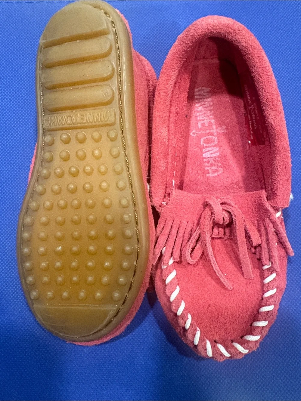 Minnetonka Kids Pink Suede Fringe Moccasins